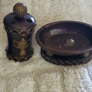 Brown and gold toothbrush holder and soap dish